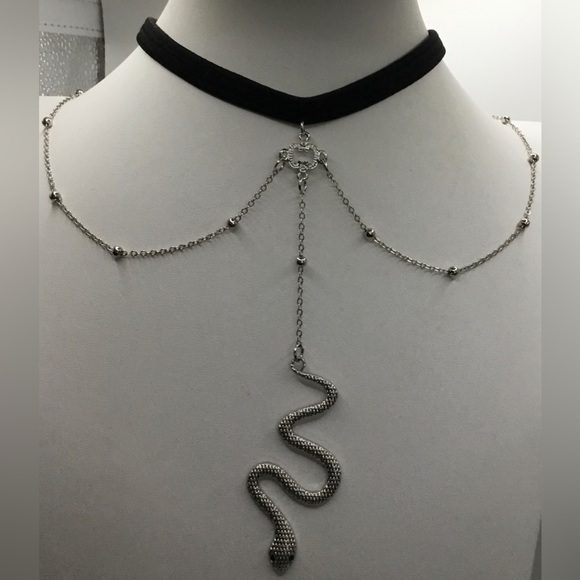 Jewelry - SILVERTONE SNAKE HANGING MULTIPLE STRAND WITH BLACK STRETCH NECKLACE WITCHY GOTH